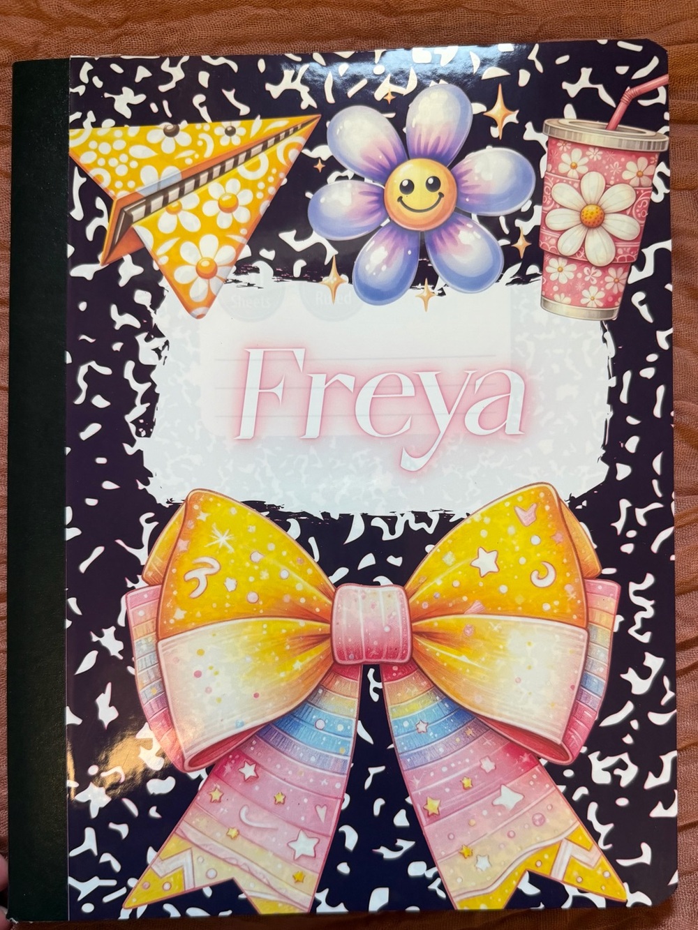 Personalized Notebook for Kids - Girly Pink, Yellow & Purple Bow Cover